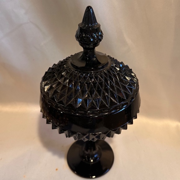 Mid-Century Black Diamond Point Tall Candy Dish with Lid - Picture 2 of 4